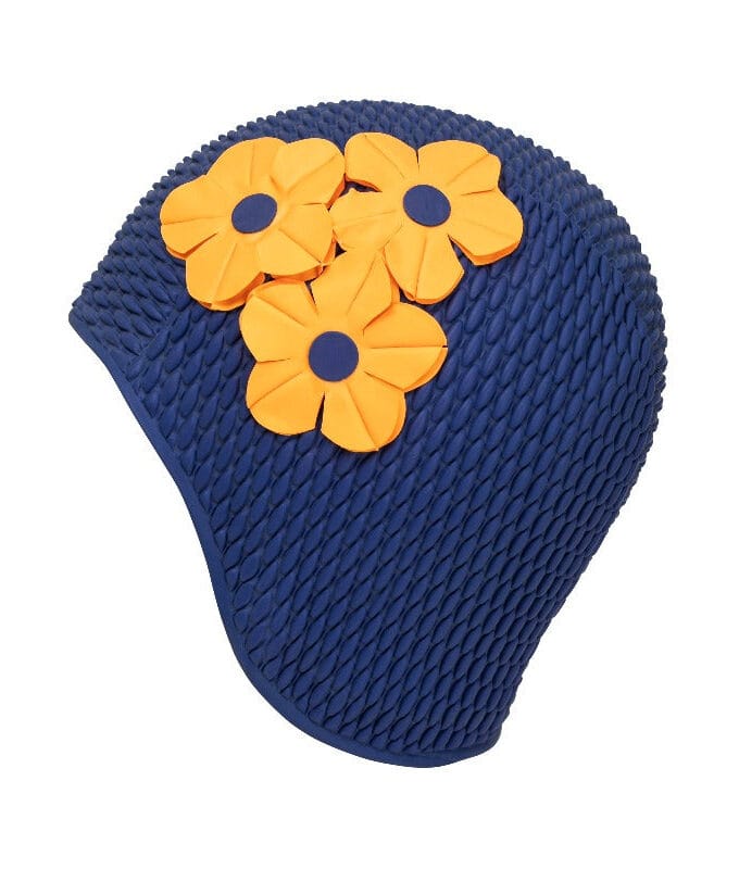 Bonnet de bain rétro à fleurs marine / jaune safran - KORES