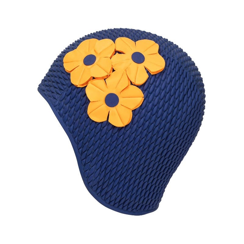 Bonnet de bain rétro à fleurs marine / jaune safran - KORES