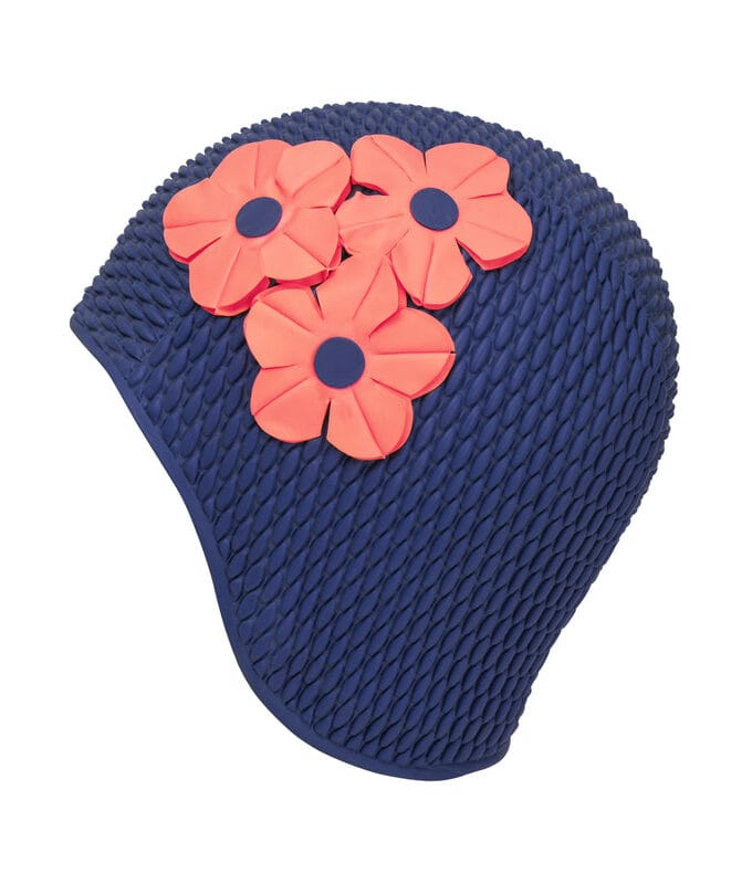Bonnet de bain rétro à fleurs marine / rouge - KORES